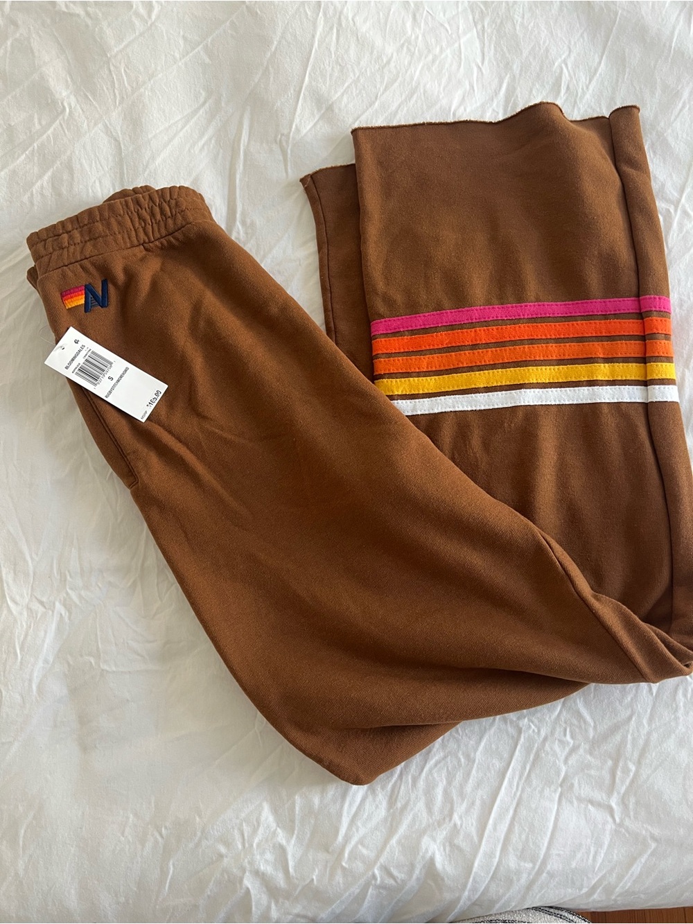 Aviator Nation Brown Sweatpants with Pink-Orange-Yellow Retro Stripes